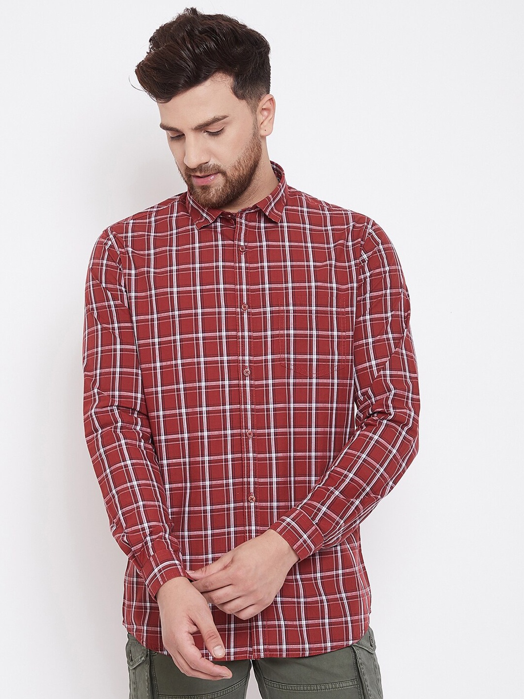 

Canary London Men Maroon & White Smart Slim Fit Checked Cotton Casual Shirt