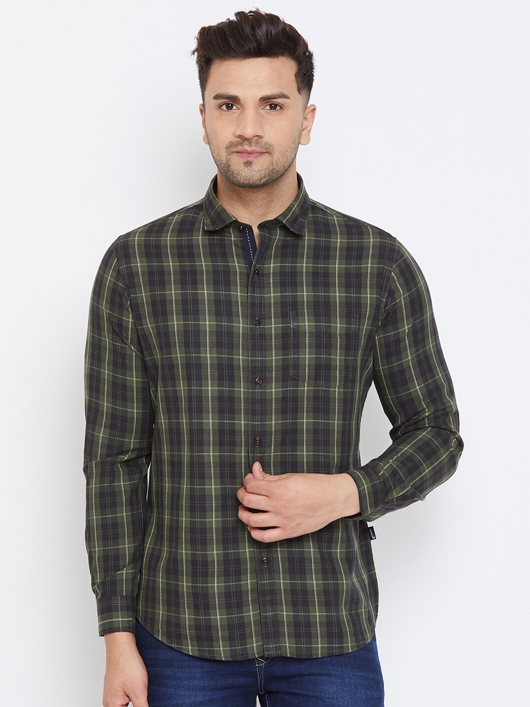

Canary London Men Olive Green Smart Slim Fit Tartan Checked Casual Shirt