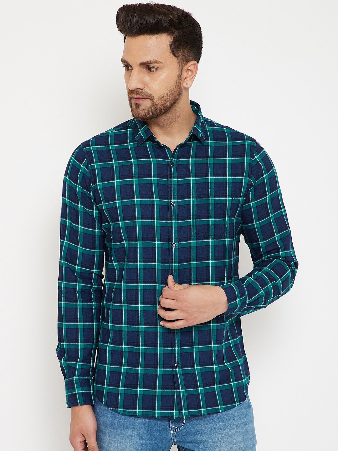 

Canary London Men Green & Navy Blue Smart Slim Fit Checked Cotton Casual Shirt