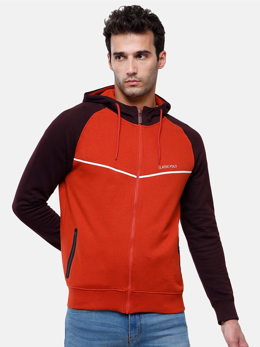 

Classic Polo Men Red Colourblocked Hooded Sweatshirt