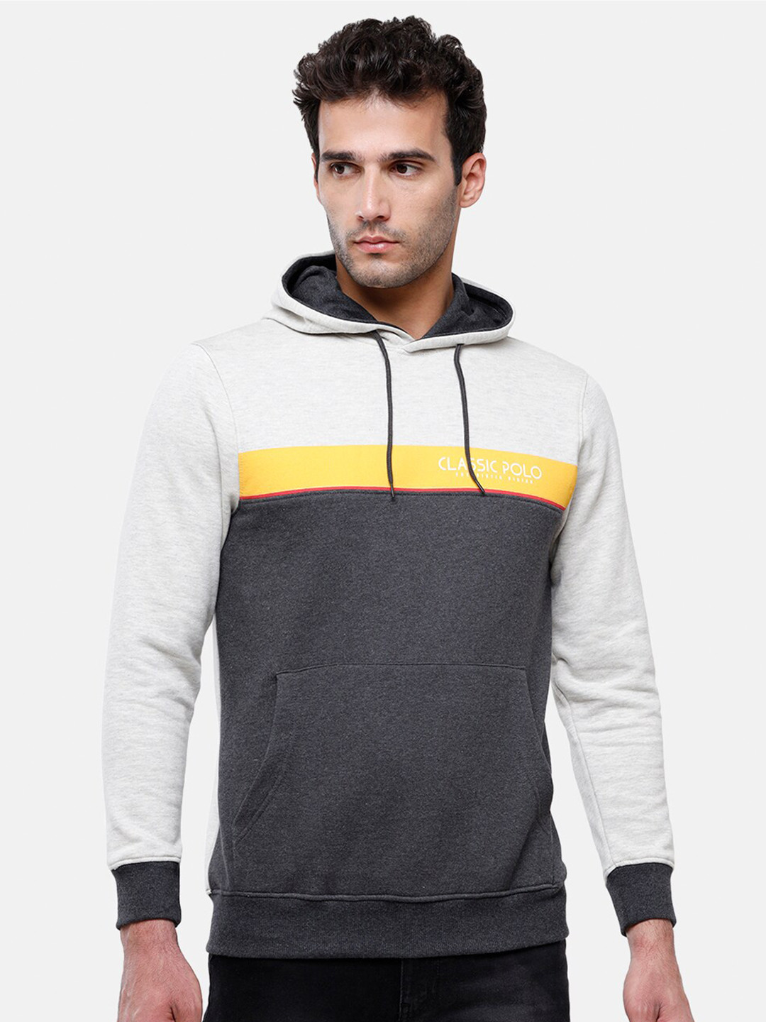 

Classic Polo Men Grey & Off White Colourblocked Hooded Pure Cotton Sweatshirt