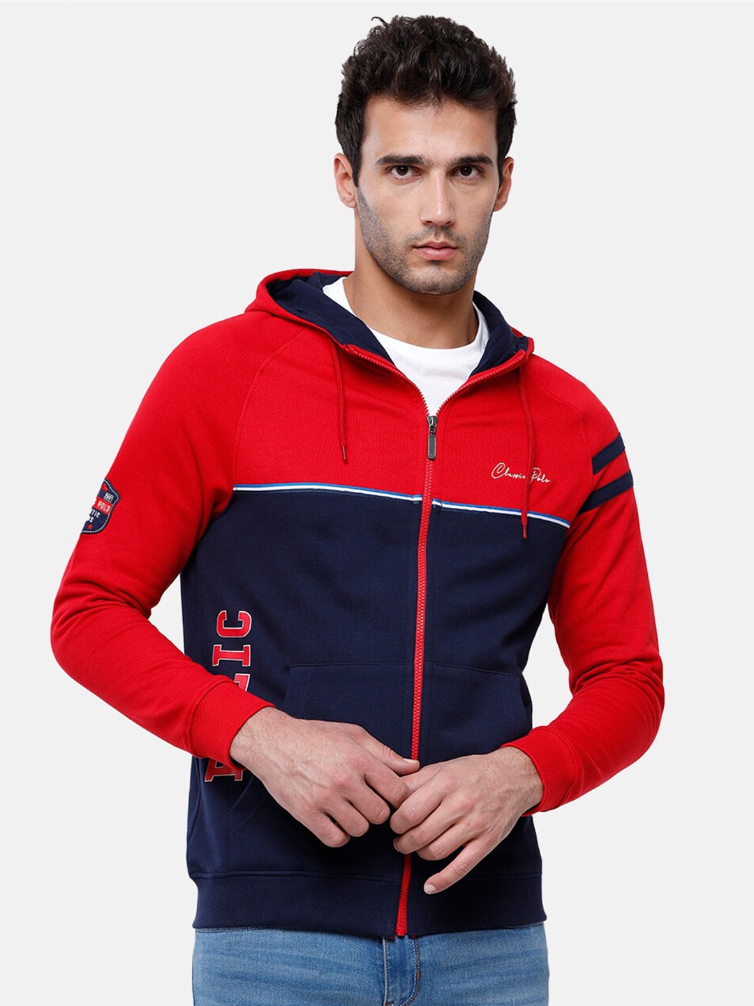 

Classic Polo Men Navy Blue & Red Colourblocked Hooded Pure Cotton Sweatshirt