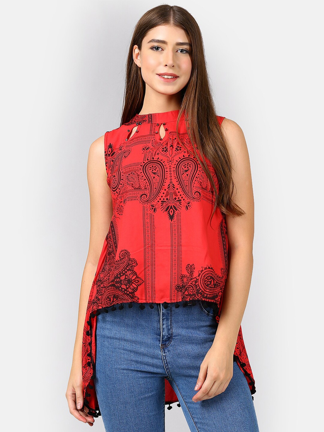 

V2 Value & Variety Red Print Key Hole Neck High-Low Top