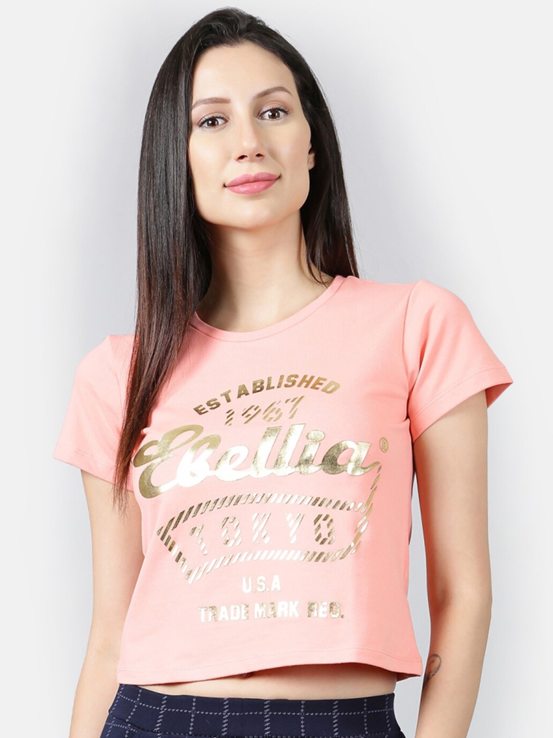 

V2 Value & Variety Peach-Coloured & Gold-Toned Print Crop T-shirt