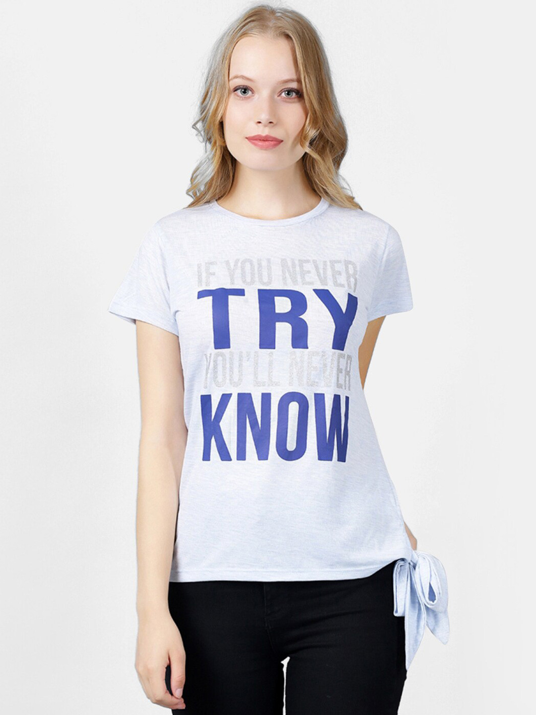 

V2 Value & Variety Women Blue & White Printed Round Neck Regular Top