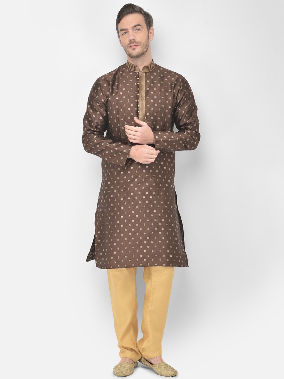 

SG LEMAN Men Brown Ethnic Motifs Raw Silk Kurta with Churidar