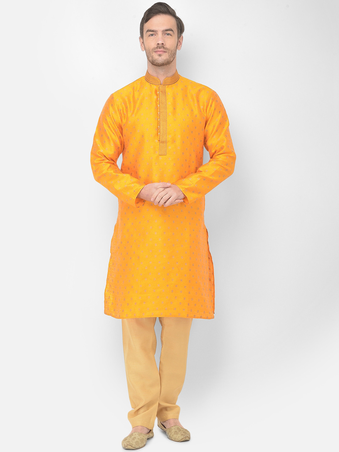 

SG LEMAN Men Mustard Yellow Raw Silk Kurta with Pyjamas