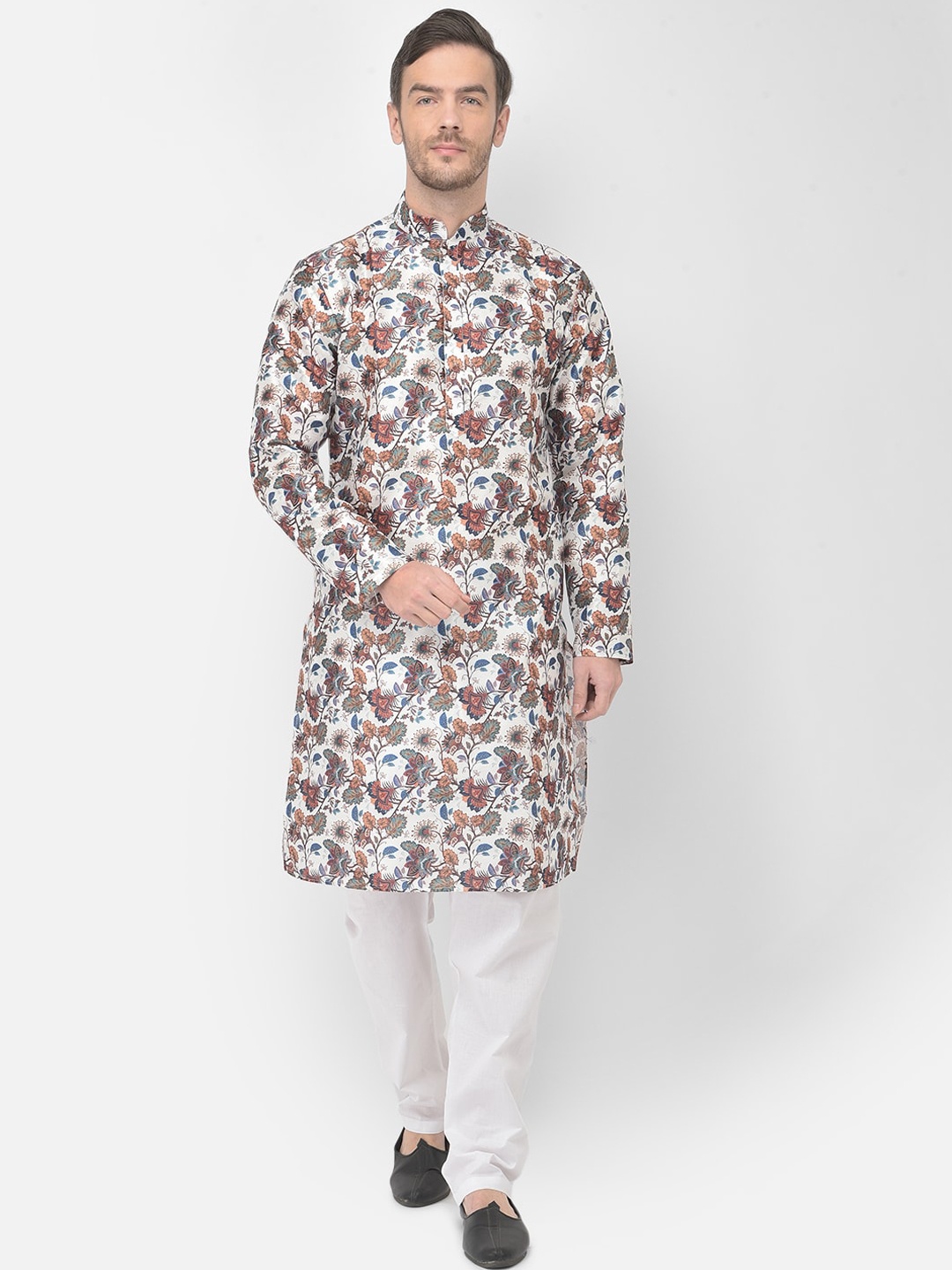 

SG LEMAN Men White Floral Printed Raw Silk Kurta with Churidar