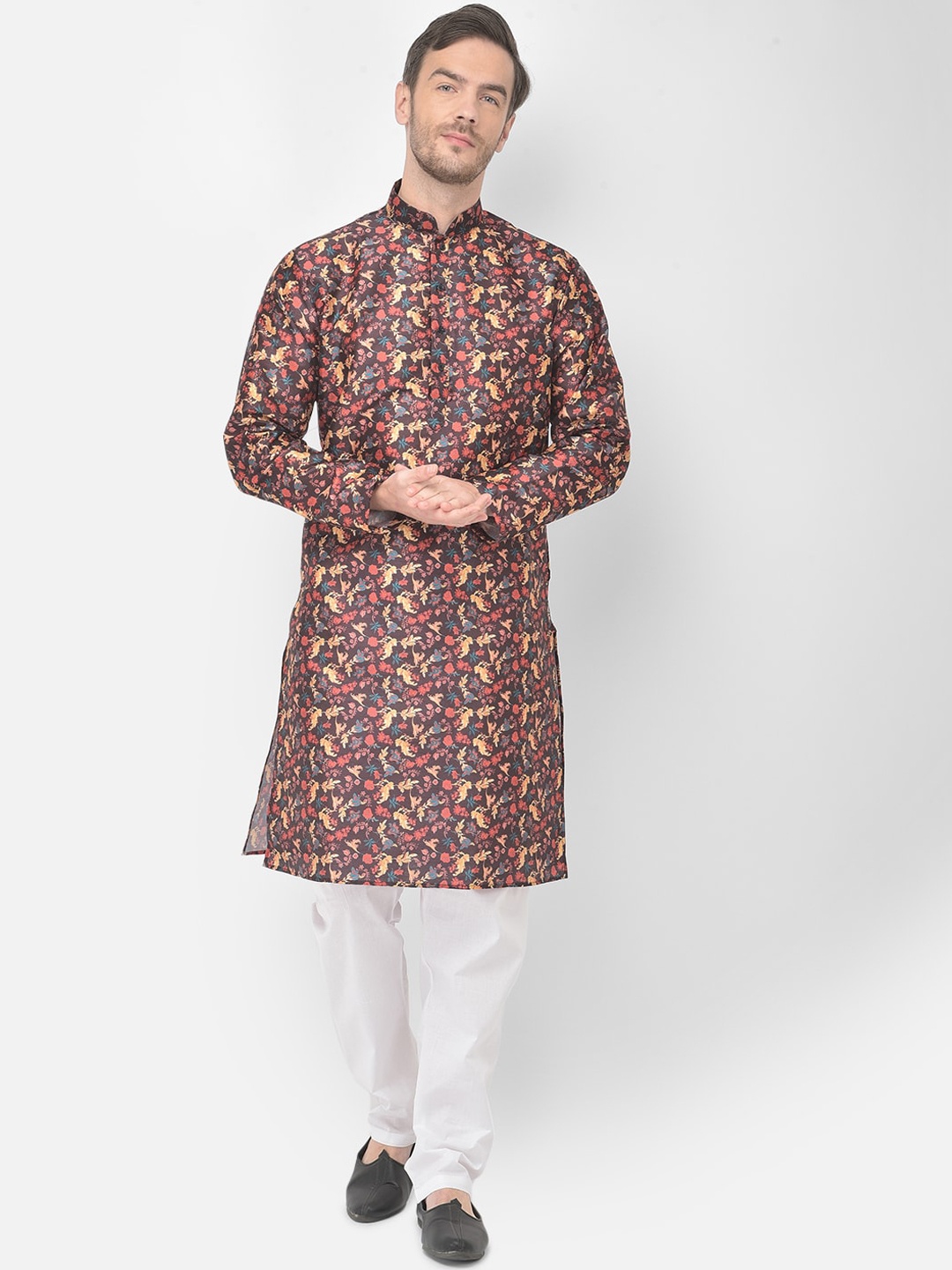 

SG LEMAN Men Brown Printed Angrakha Raw Silk Kurta with Pyjamas