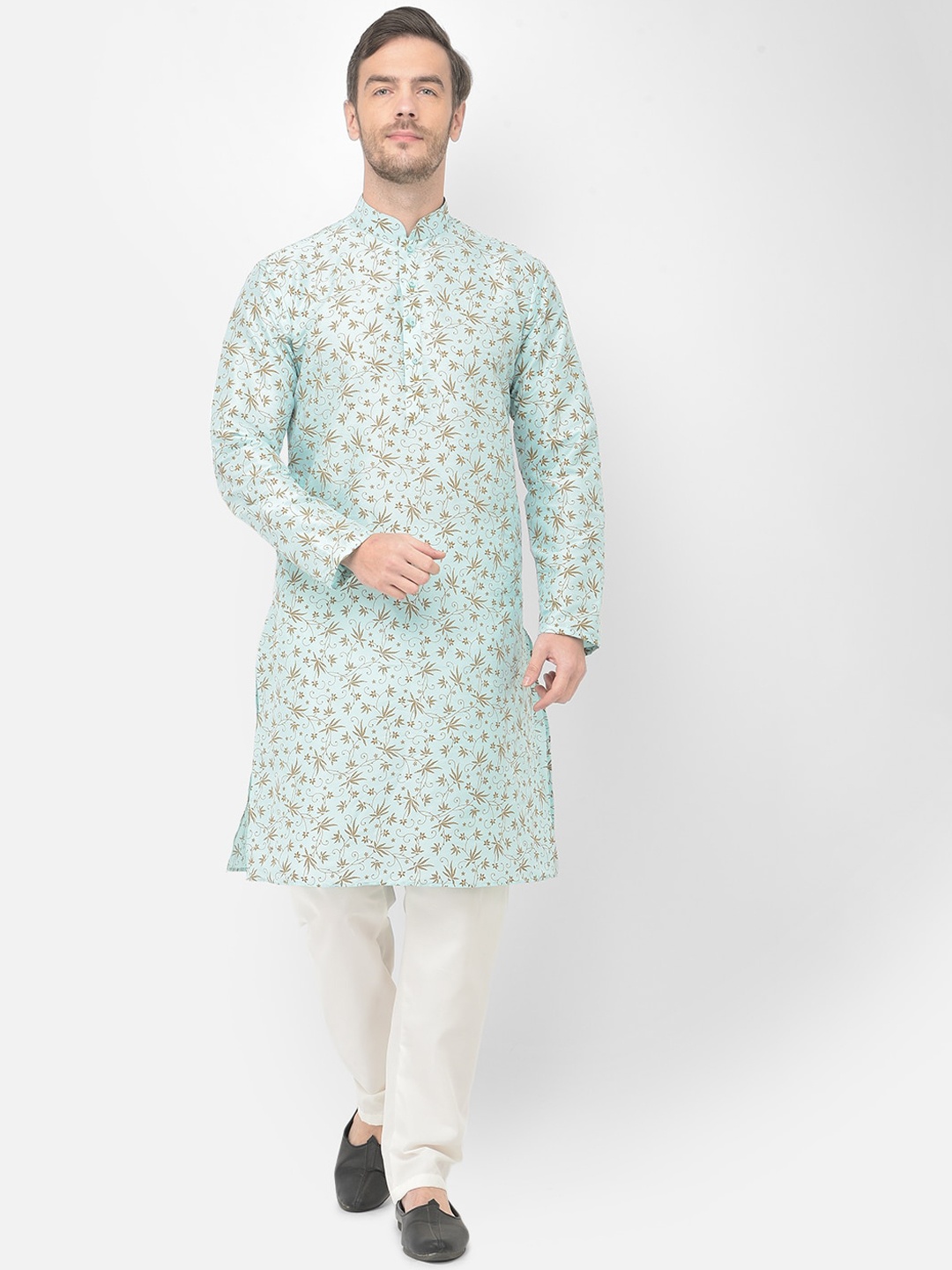 

SG LEMAN Men Turquoise Blue Floral Printed Raw Silk Kurta with Pyjamas