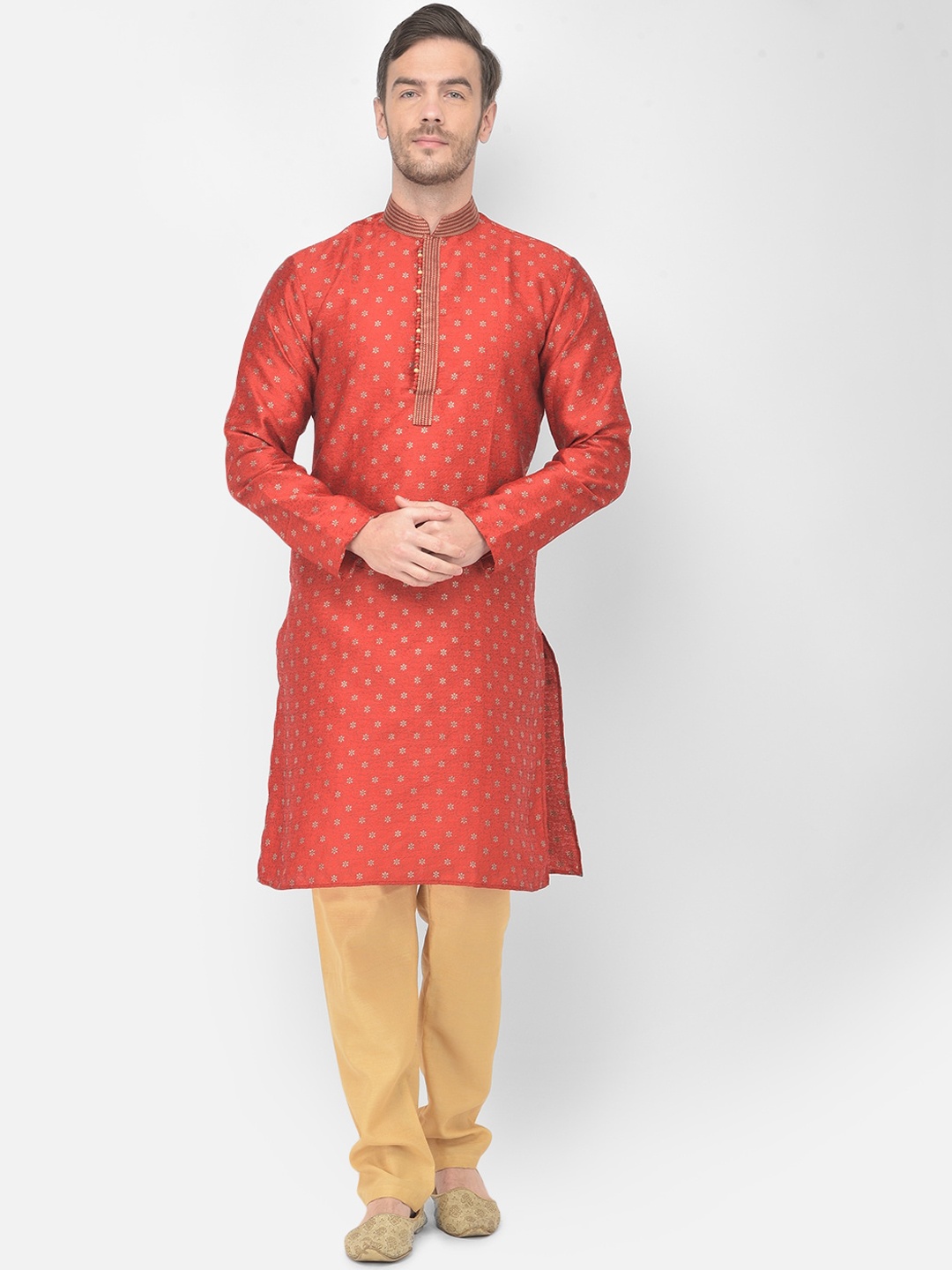 

SG LEMAN Men Red Raw Silk Kurta with Churidar