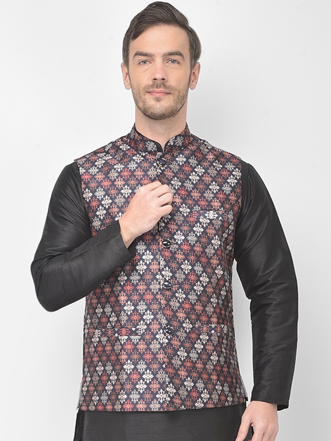 

SG LEMAN Men Navy Blue & Orange Printed Nehru Jackets