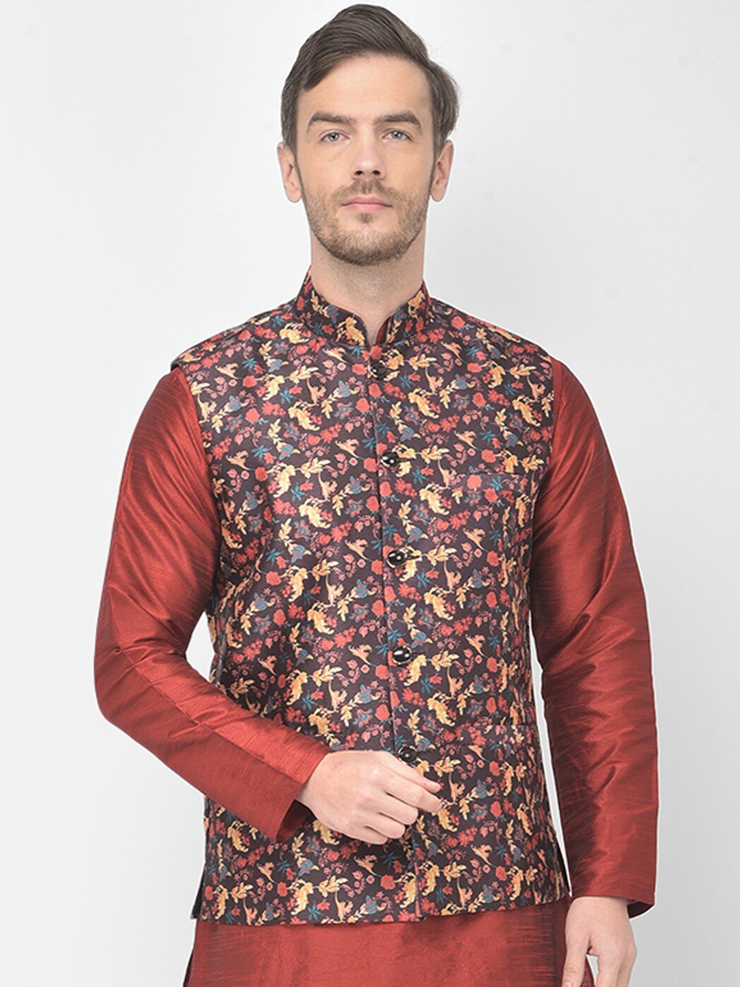 

SG LEMAN Men Brown Floral Print Nehru Jacket