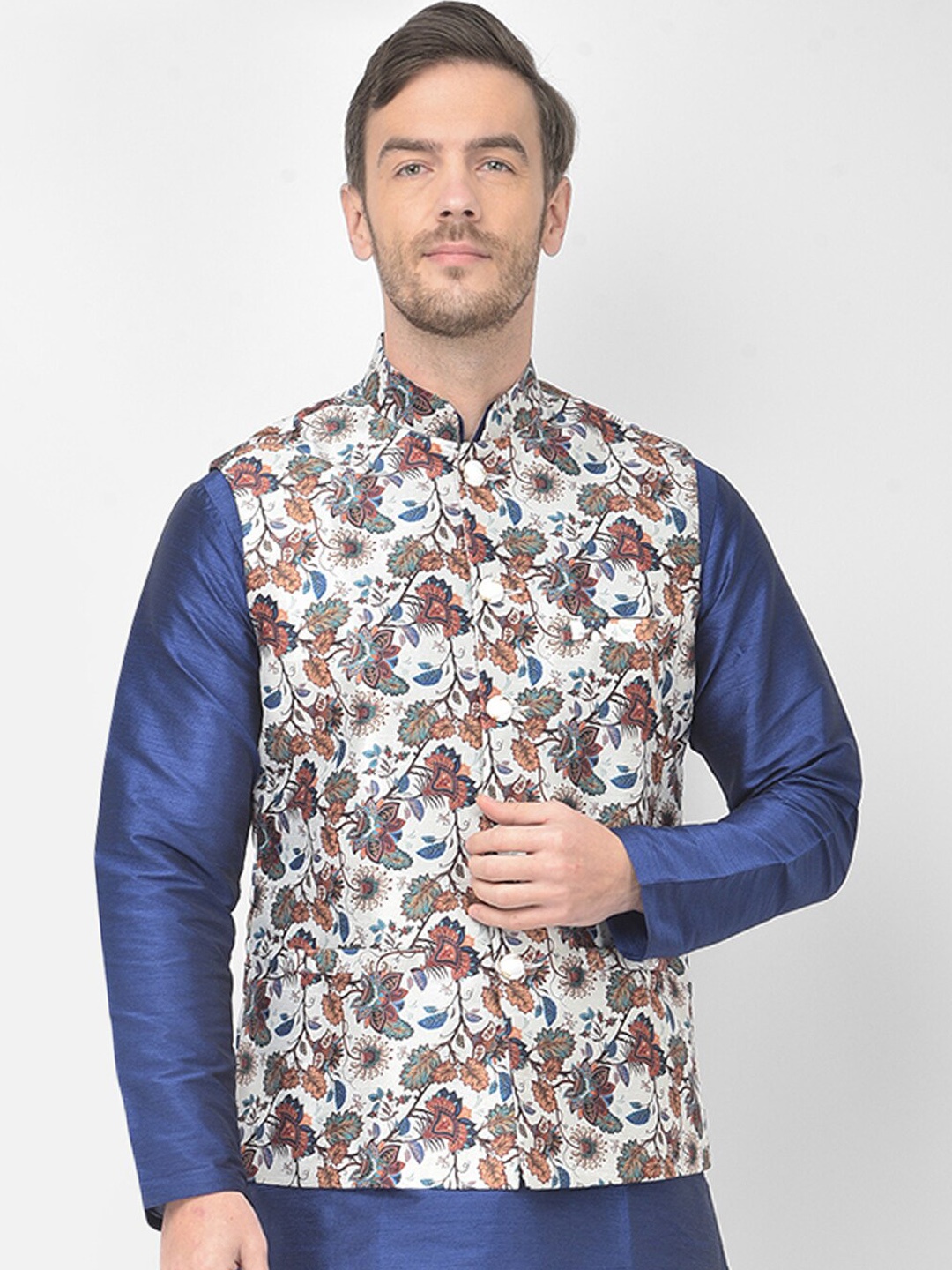 

SG LEMAN Men White Printed Satin Nehru Jacket