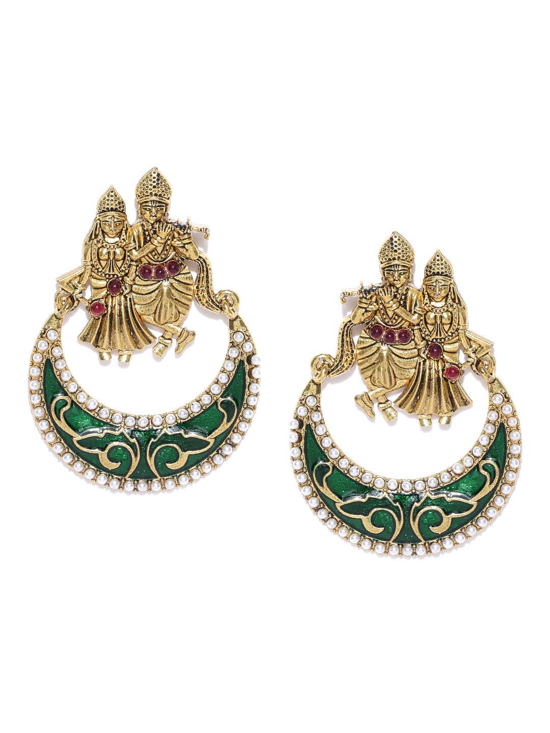 

Zaveri Pearls Green Gold-Plated Radhakrishnan Beaded Chandbalis