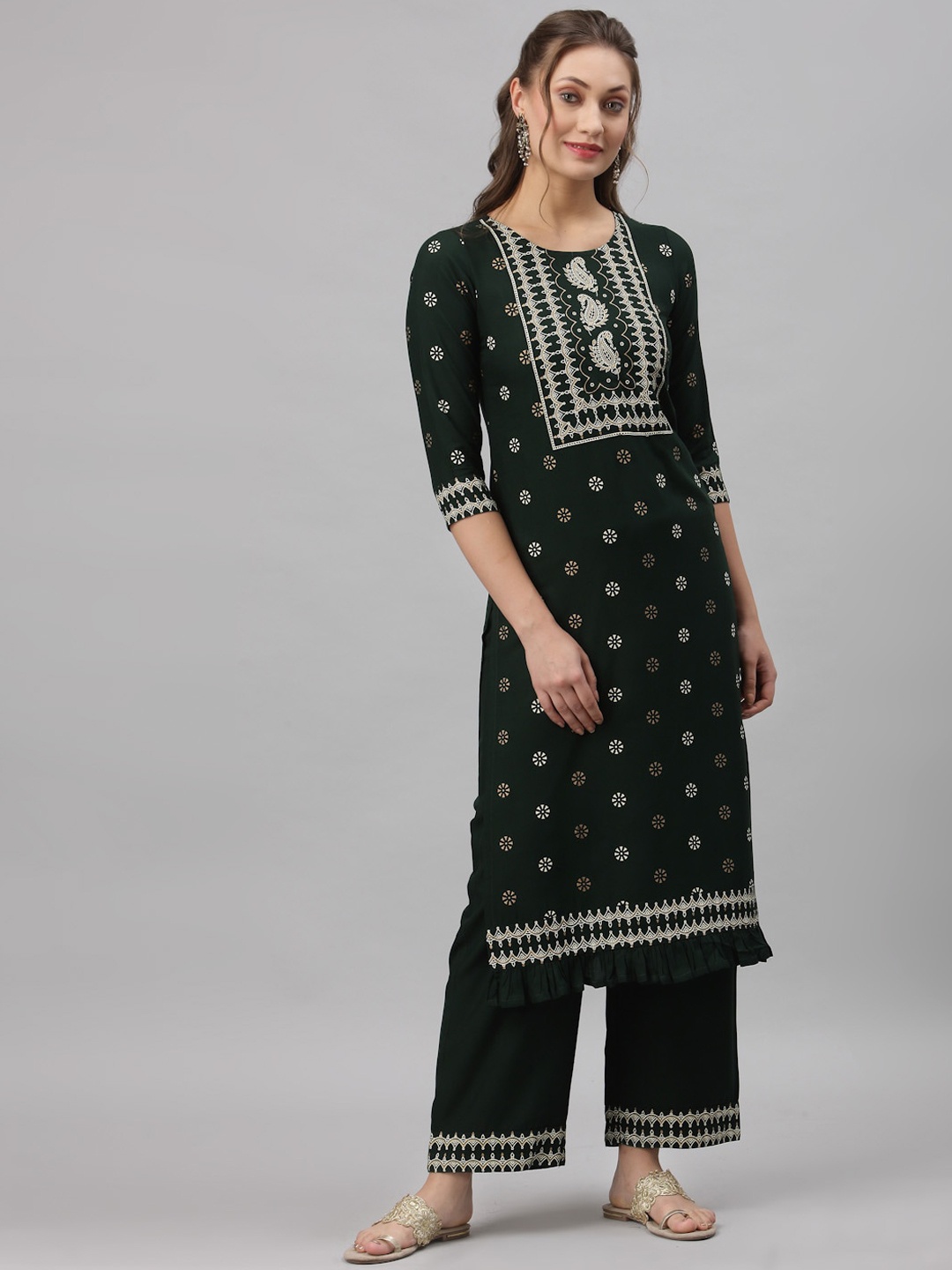 

KALINI Women Green Ethnic Motifs Foil Printed Kurta with Palazzos