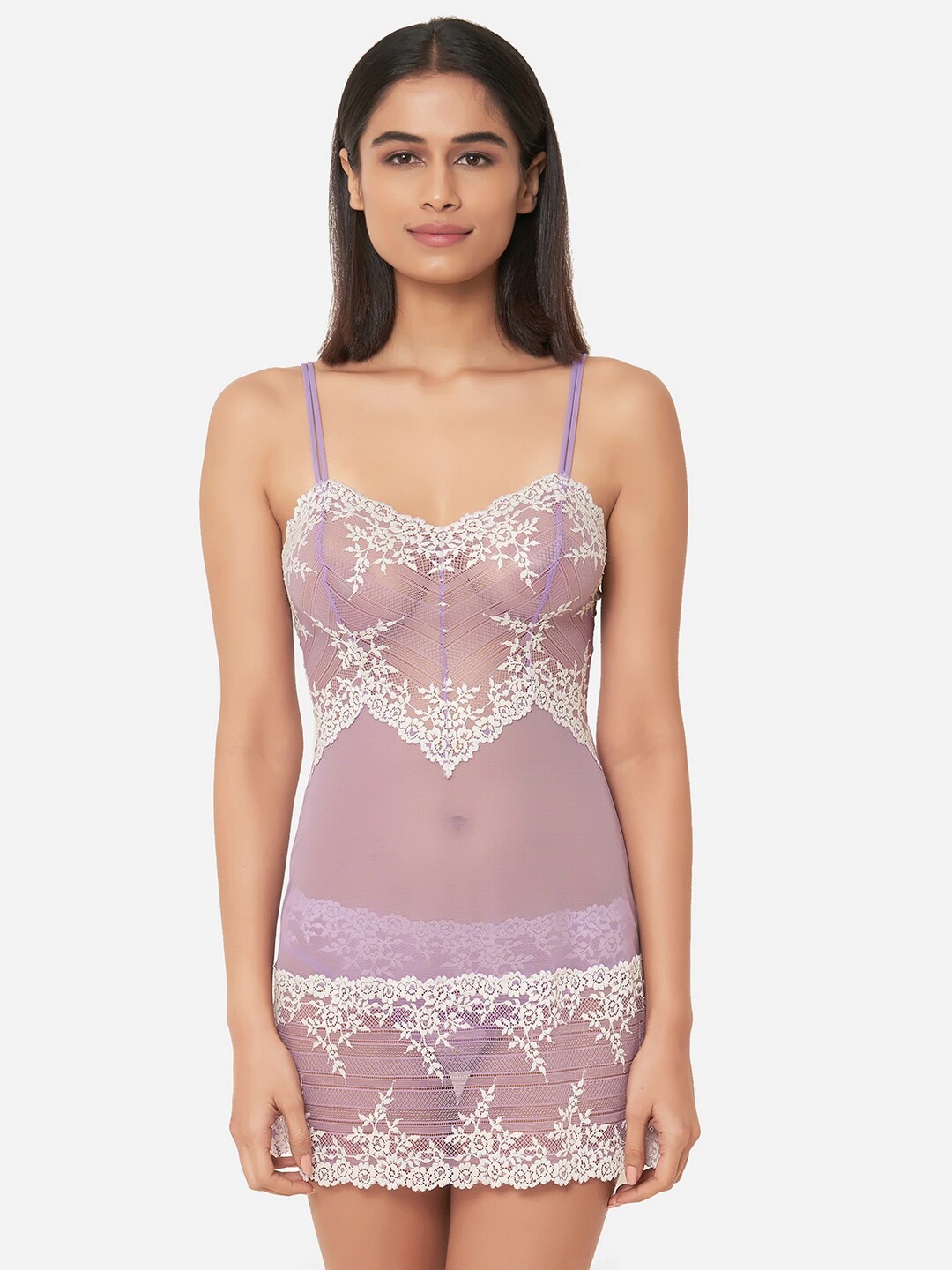 

Wacoal Lavender & White Self Design Shoulder Straps Lace Baby Doll Nightdress