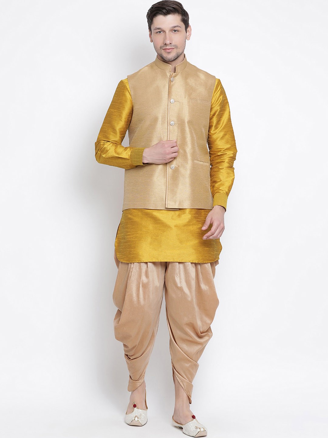 

VASTRAMAY Men Mustard Yellow Layered Kurta with Dhoti Pants & Nehru Jacket