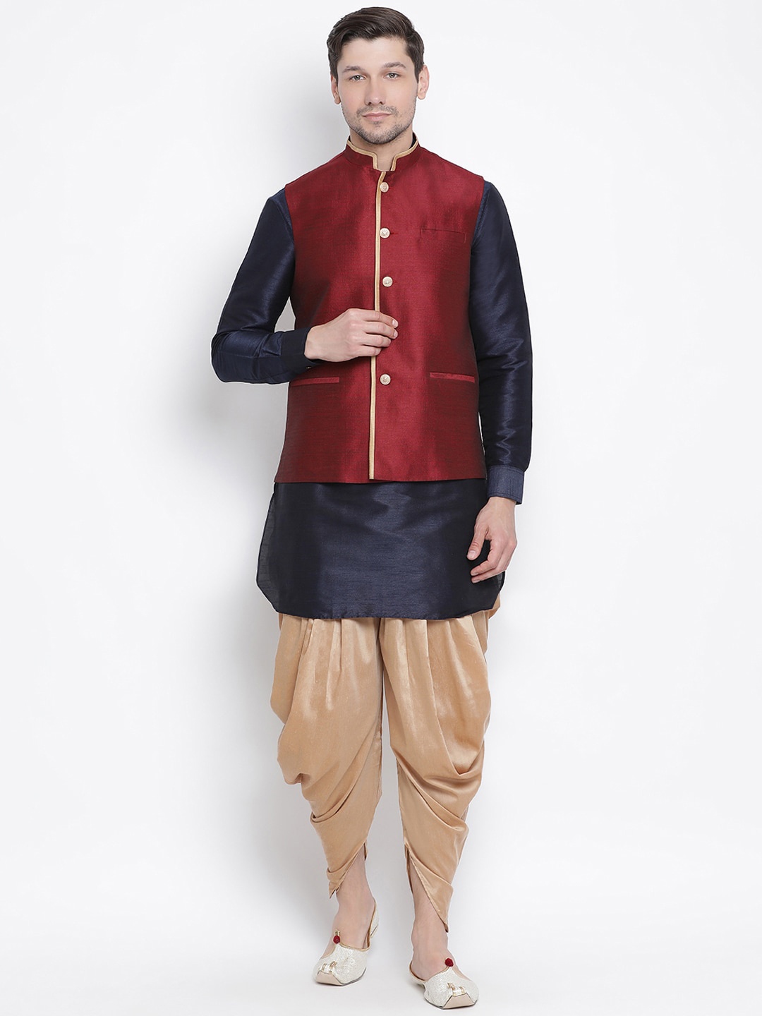 

VASTRAMAY Men Navy Blue Layered Kurta with Dhoti Pants & Nehru Jacket