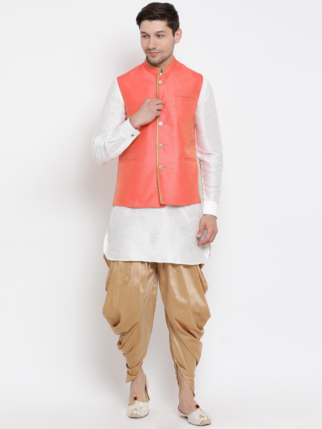 

VASTRAMAY Men White Kurta with Dhoti Pants & Nehru Jacket