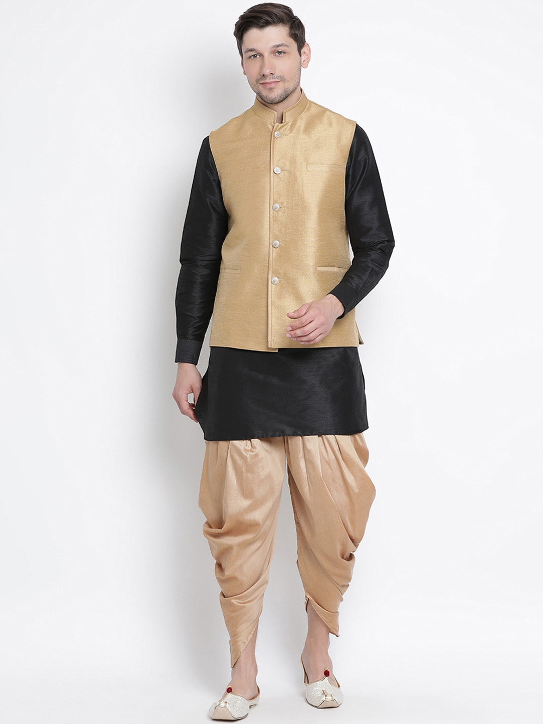 

VASTRAMAY Men Black Kurta with Dhoti Pants With Nehru Jacket