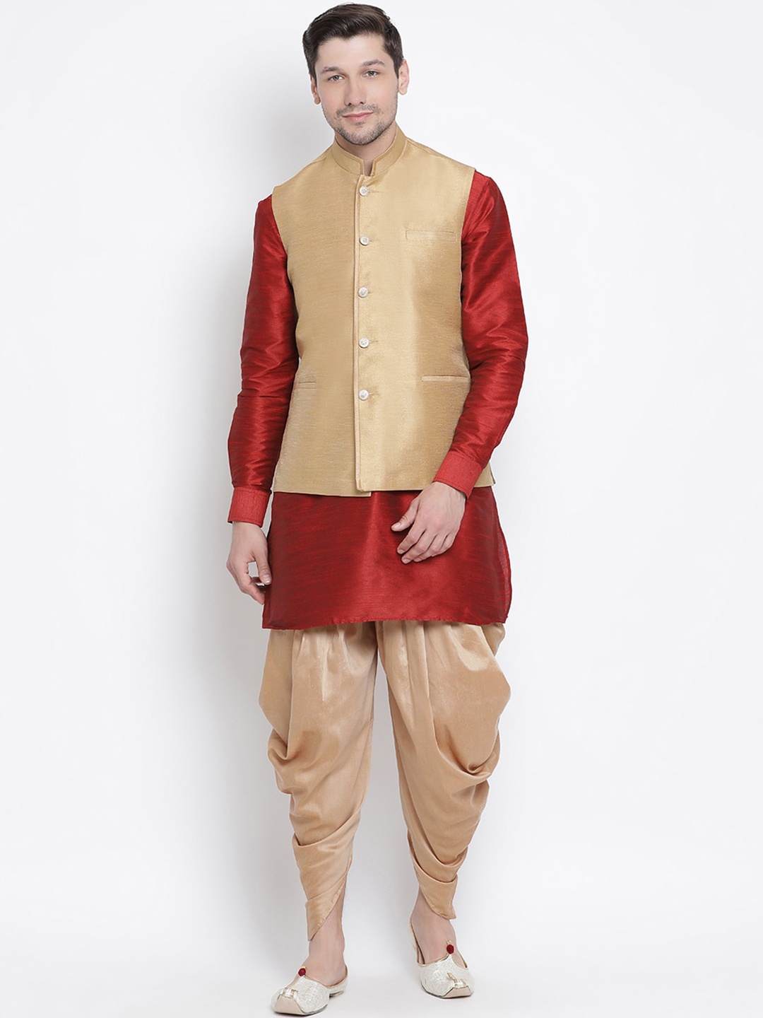 

VASTRAMAY Men Maroon Kurta with Dhoti Pants & Nehru Jacket