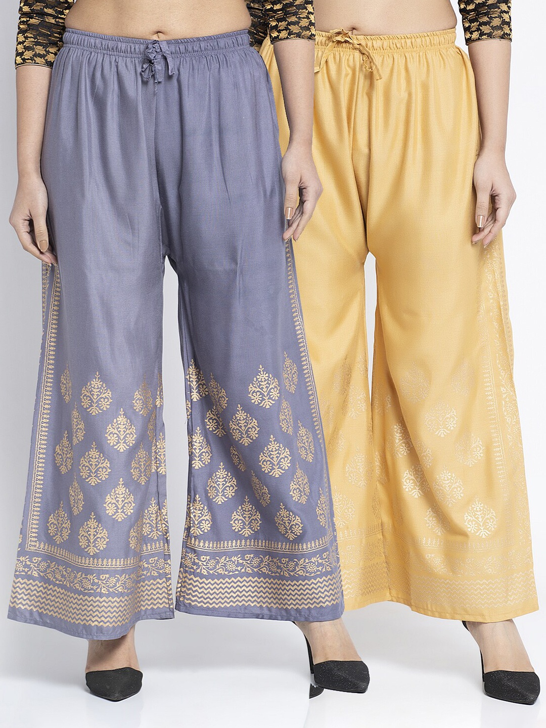 

Jinfo Women Grey & Beige Set of 2 Ethnic Motifs Printed Flared Ethnic Palazzos
