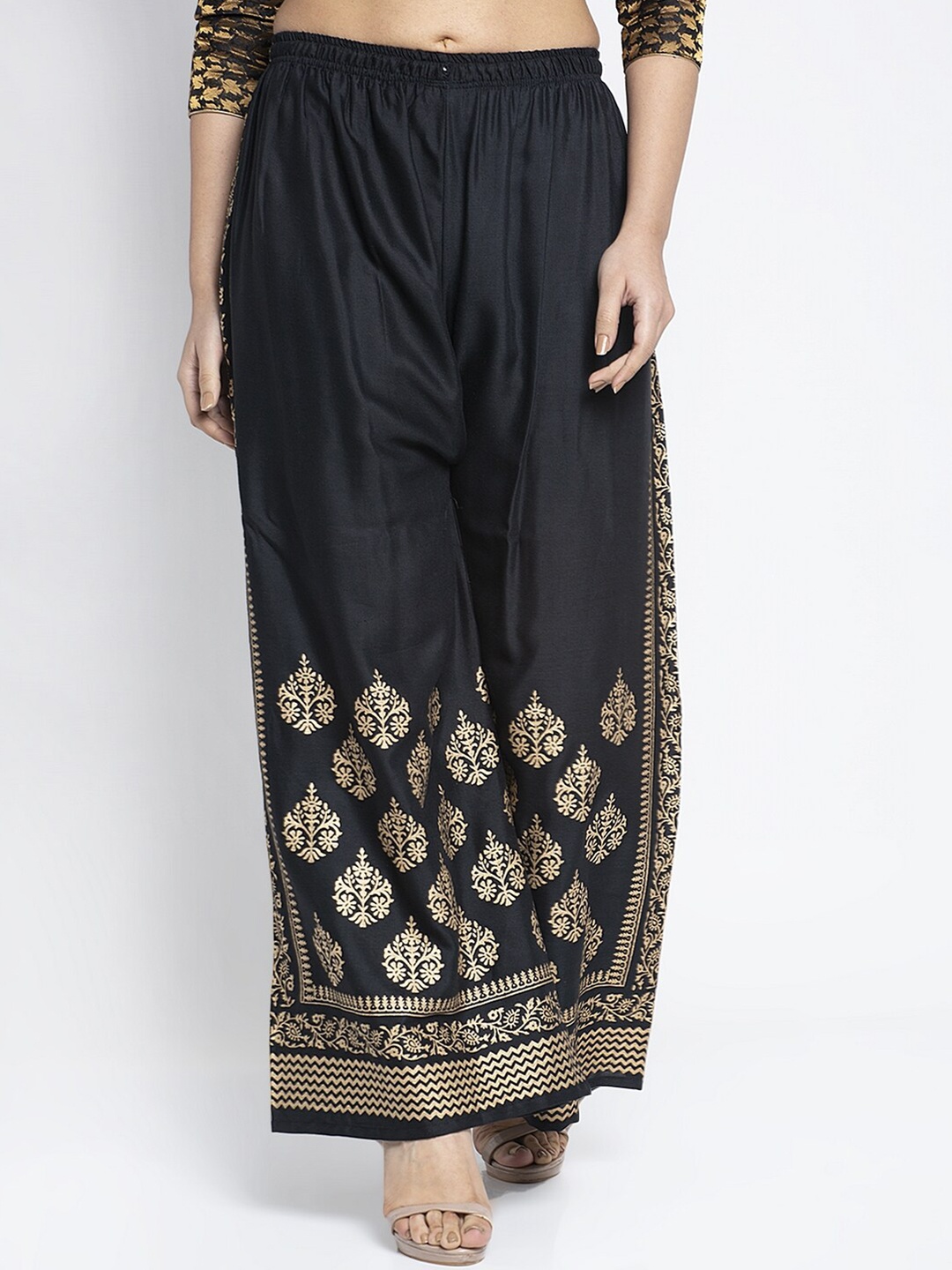 

Jinfo Women Black & Gold-Toned Ethnic Motif Printed Wide Leg Fit Palazzo