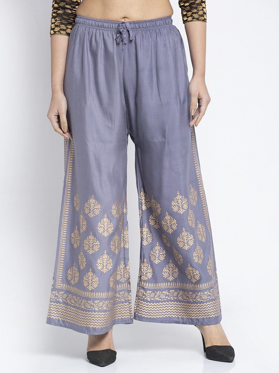 

Jinfo Women Grey & Gold-Toned Ethnic Motifs Printed Flared Palazzos