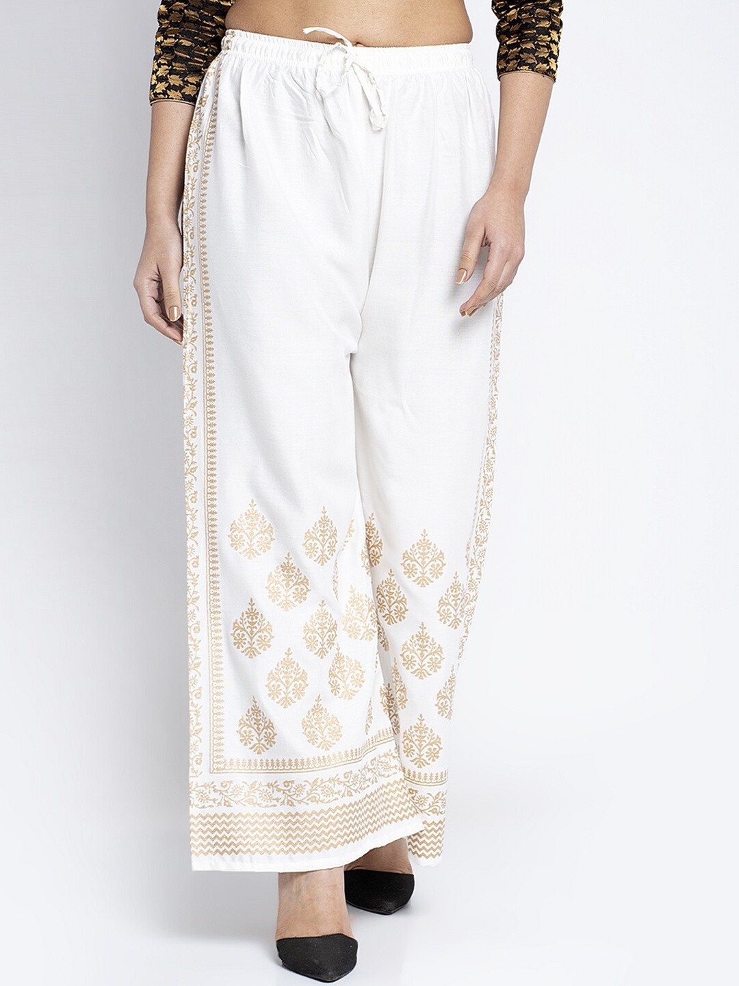 

Jinfo Women Off White & Gold-Toned Ethnic Motifs Embroidered Knitted Palazzos