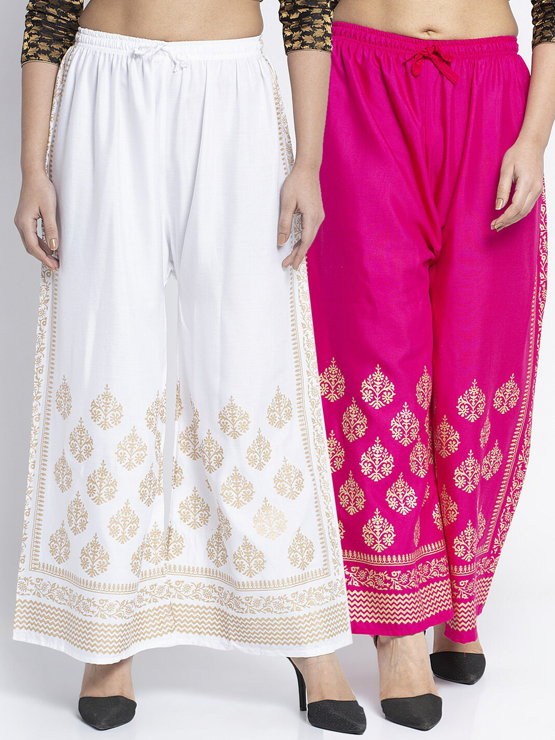

Jinfo Women White & Pink Ethnic Motifs Printed Flared Knitted Ethnic Palazzos