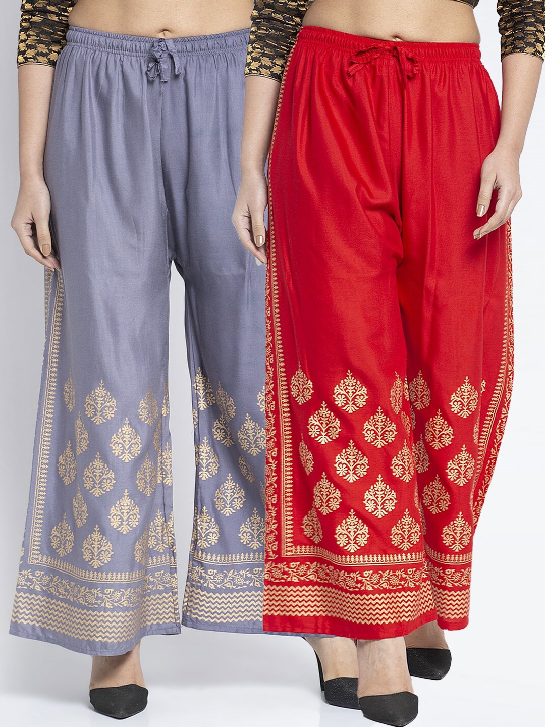 

Jinfo Women Red & Grey Set Of 2 Block Printed Straight Fit Palazzo