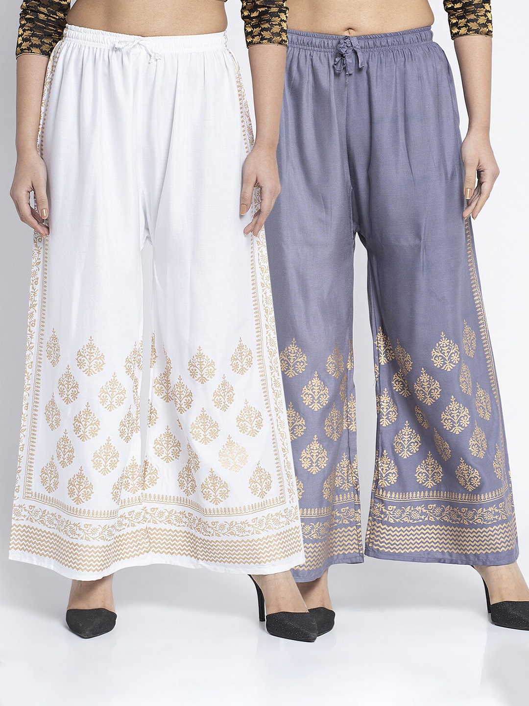 

Jinfo Women White & Grey Set Of 2 Wide Leg Fit Palazzo