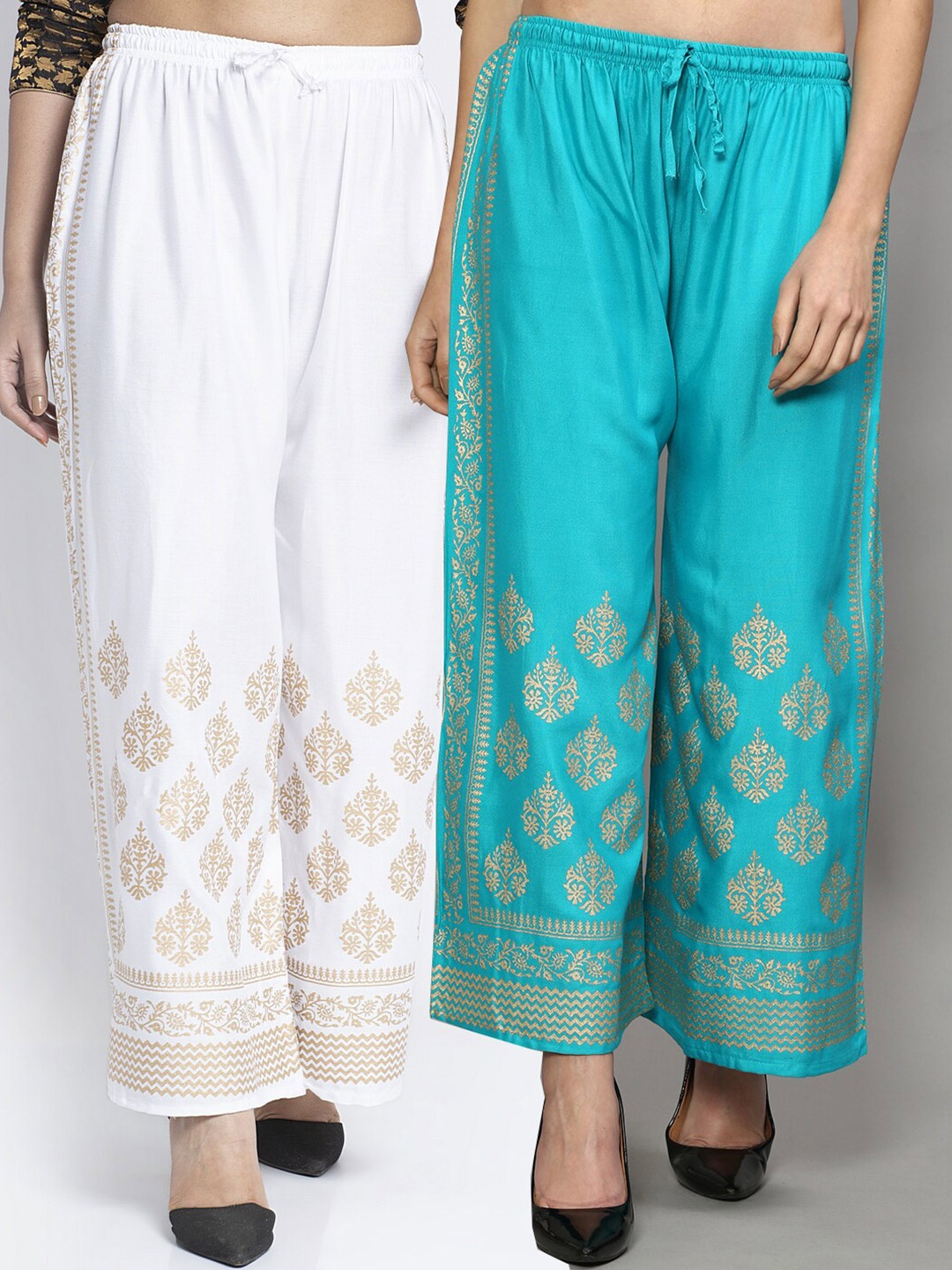 

Jinfo Women White & Blue Set of 2 Ethnic Motifs Printed Flared Knitted Ethnic Palazzos