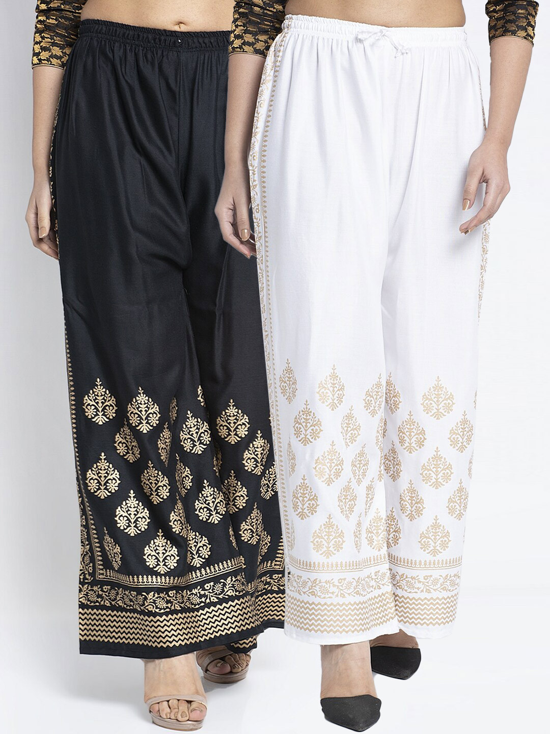 

Jinfo Women Black & White Set of 2 Ethnic Motifs Printed Flared Knitted Ethnic Palazzos