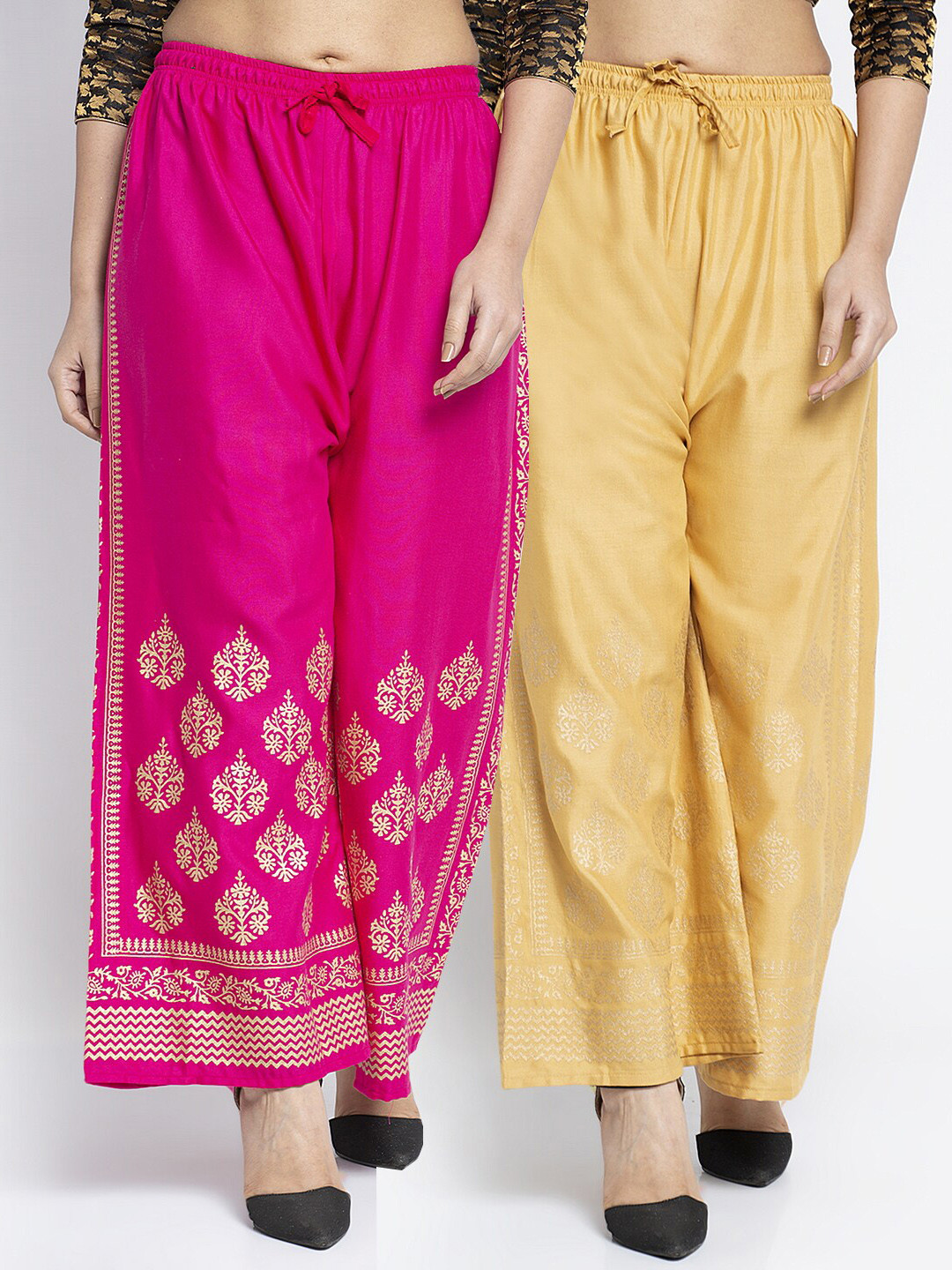 

Jinfo Women Pack Of 2 Ethnic Motifs Printed Flared Knitted Ethnic Palazzos, Pink