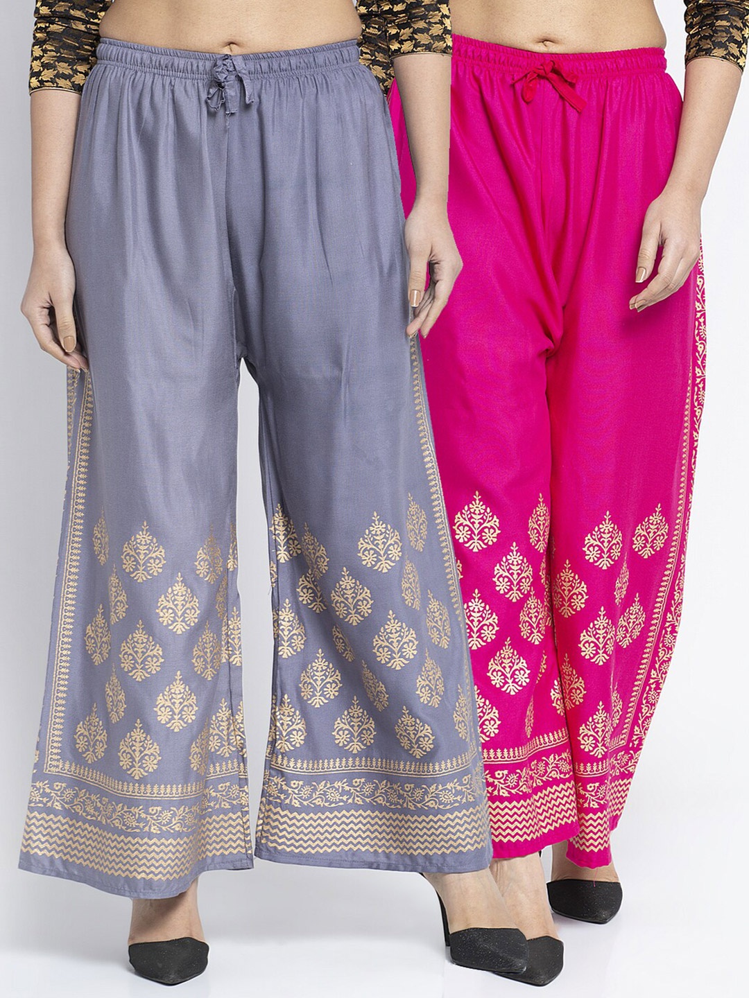 

Jinfo Women Grey & Pink Set of 2 Ethnic Motifs Printed Flared Ethnic Palazzos