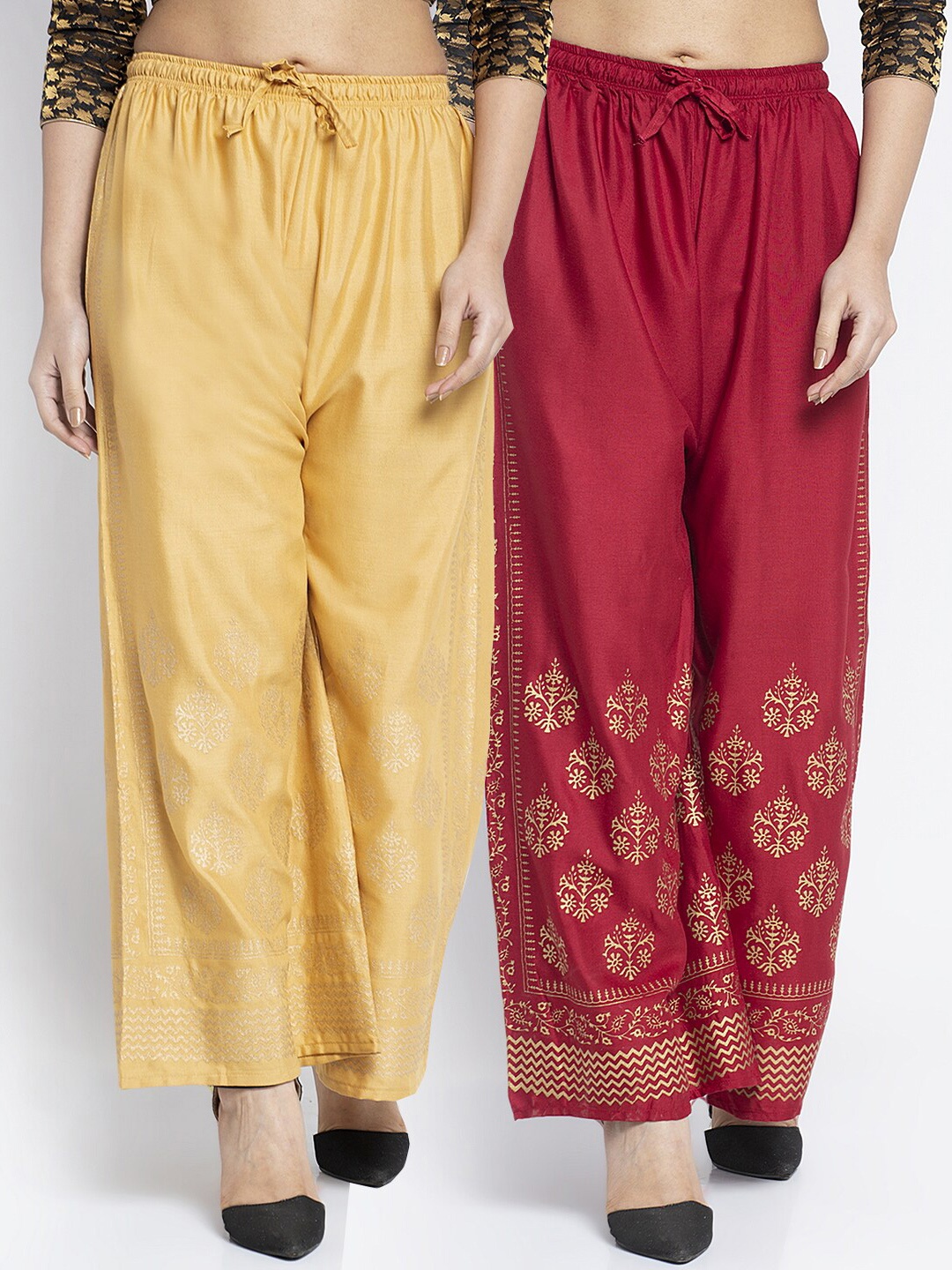 

Jinfo Women Pack Of 2 Ethnic Motifs Printed Flared Knitted Ethnic Palazzos, Beige