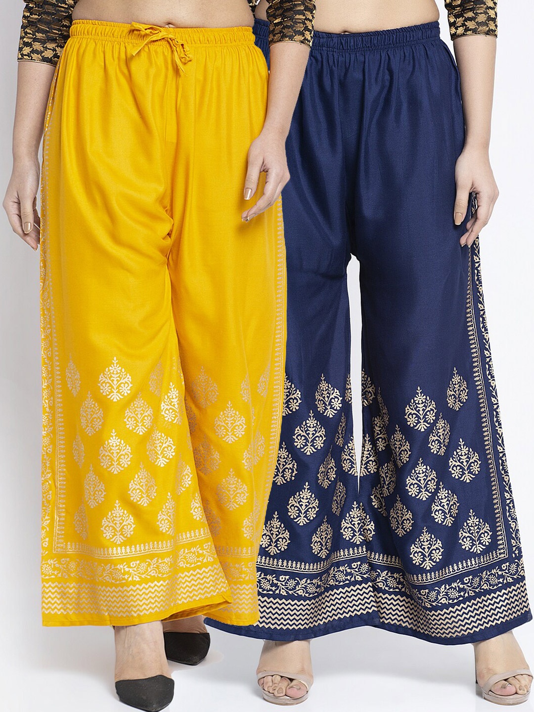 

Jinfo Women Yellow & Navy Blue Set of 2 Printed Flared Knitted Ethnic Palazzos
