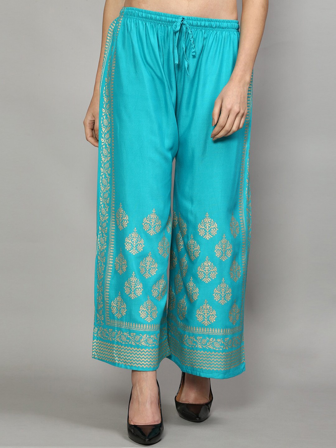 

Jinfo Women Turquoise Blue Ethnic Motif Printed Straight Fit Palazzo