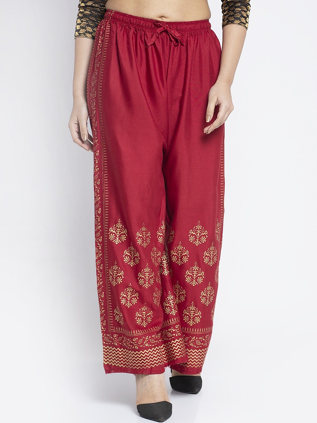 

Jinfo Women Maroon & Gold-Toned Ethnic Motifs Printed Knitted Palazzos