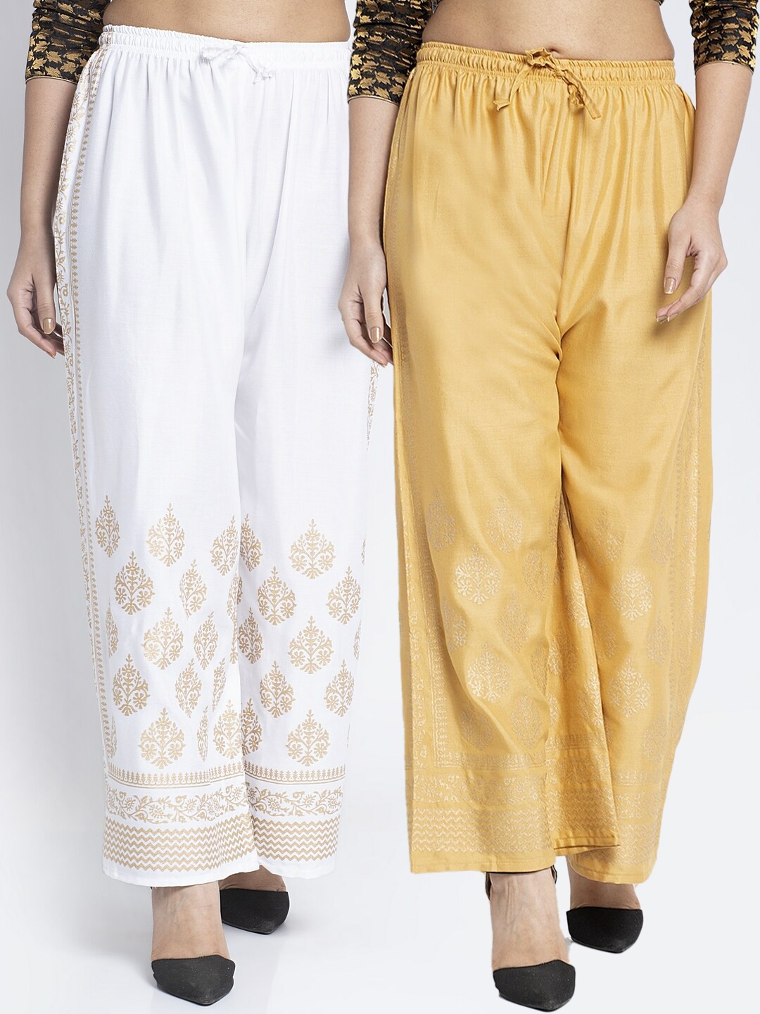 

Jinfo Women White & Beige Set of 2 Printed Flared Knitted Ethnic Palazzos