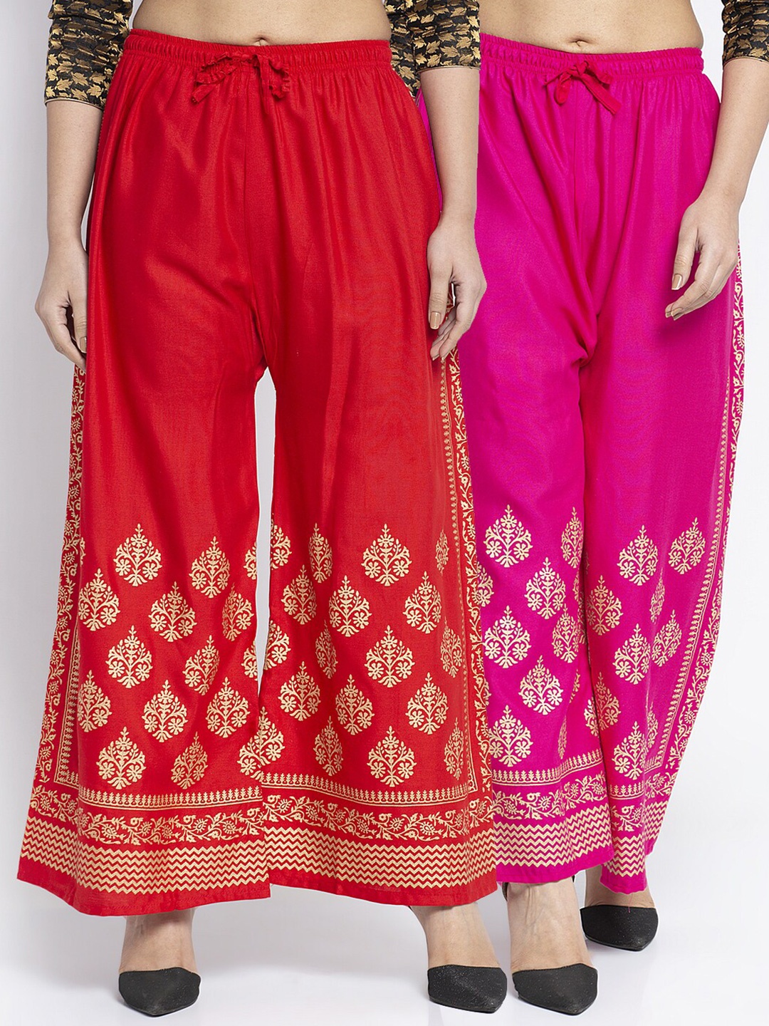 

Jinfo Women Red & Pink Set of 2 Ethnic Printed Flared Knitted Ethnic Palazzos