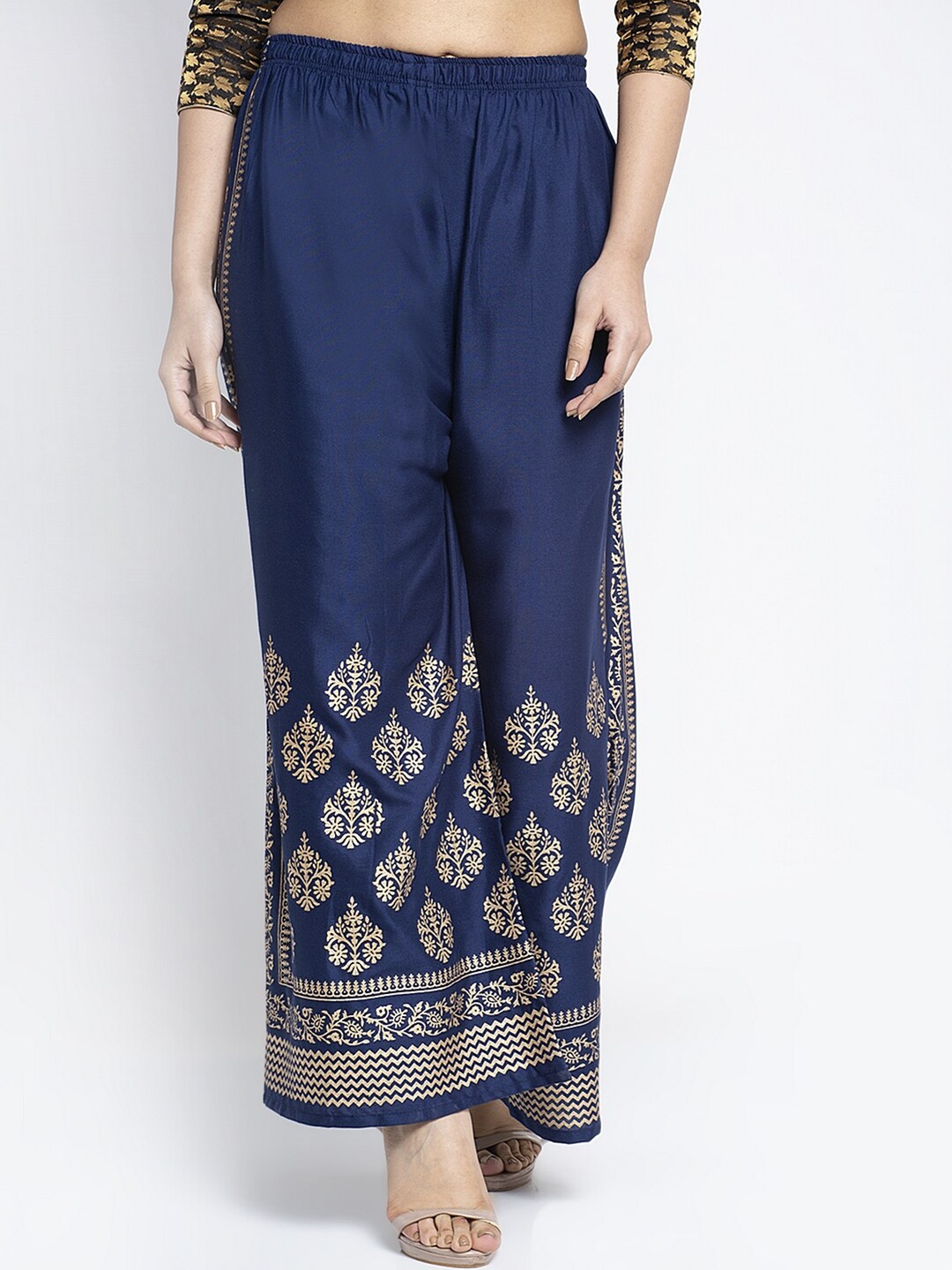 

Jinfo Women Navy Blue & Gold-Toned Ethnic Motifs Printed Flared Ethnic Palazzos