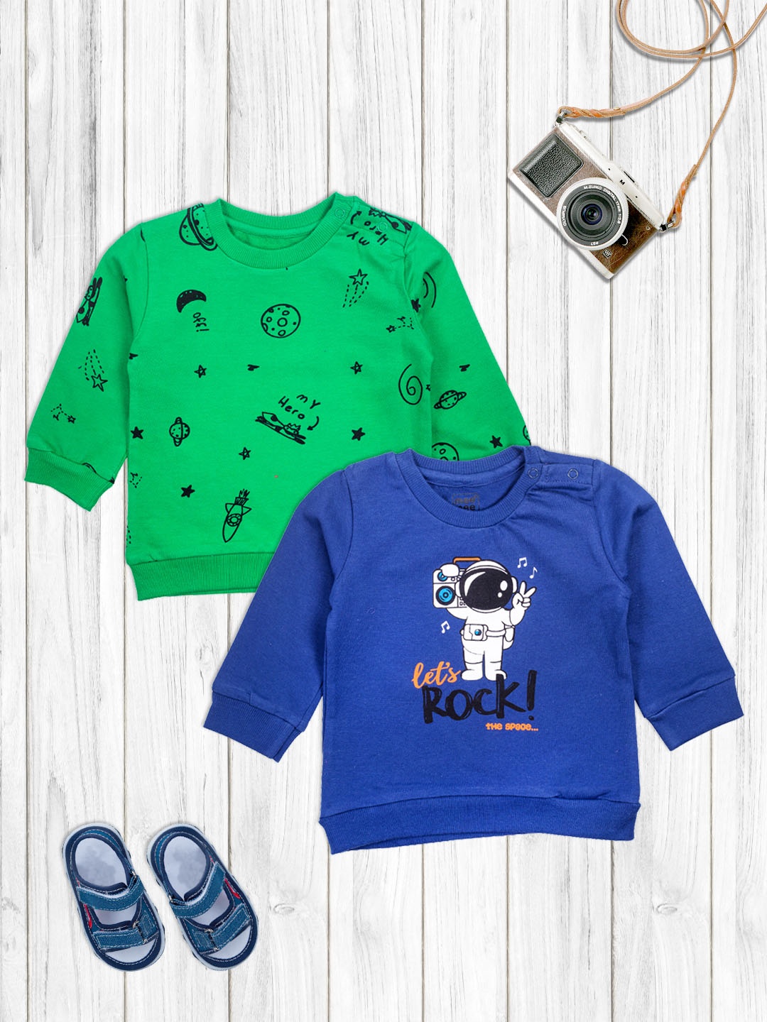 

MeeMee Boys Pack Of 2 Blue & Green Printed Cotton T-shirt