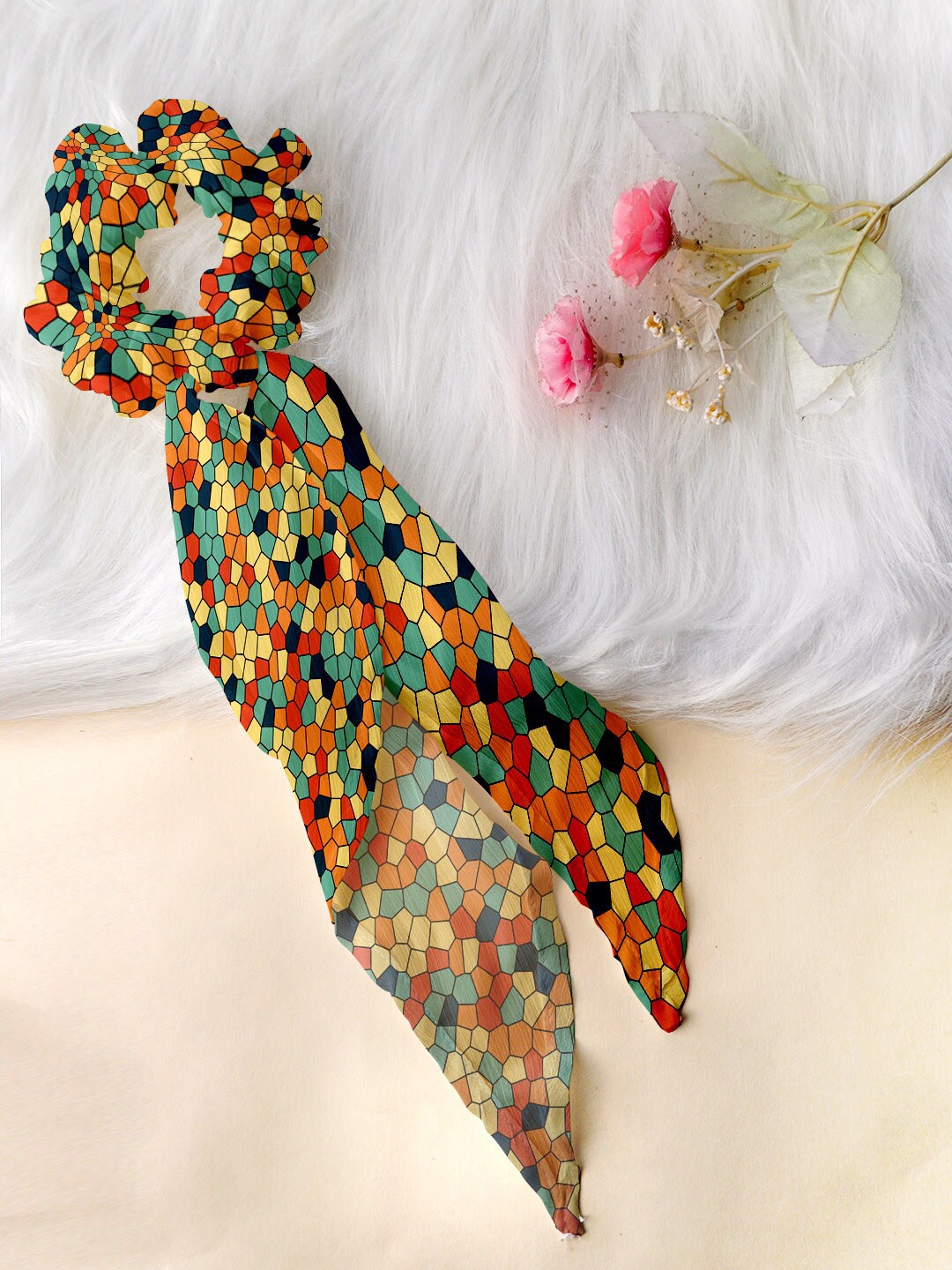 

Ferosh Women Green & Orange Colorful Pattern Printed Scarf Ponytail Holders