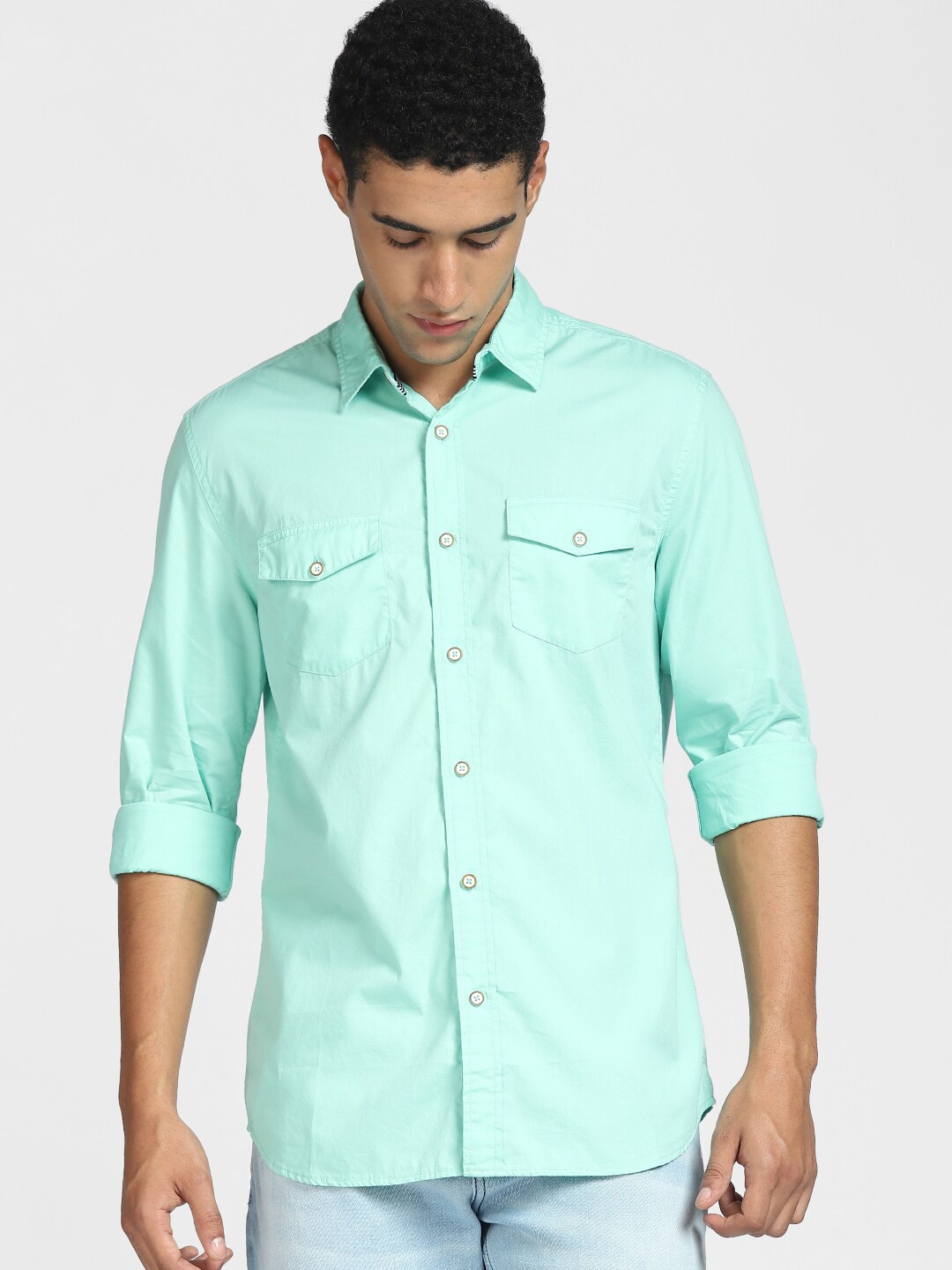 

Jack & Jones Men Green Solid Slim Fit Cotton Casual Shirt