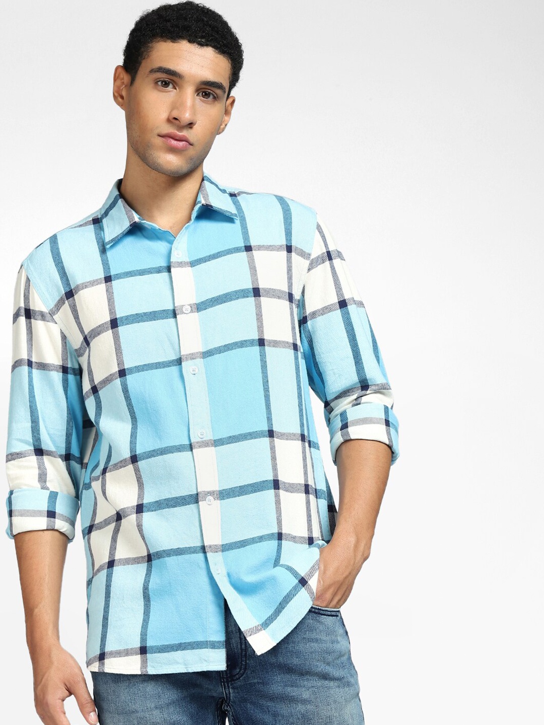 

Jack & Jones Men Blue Slim Fit Checked Cotton Casual Shirt