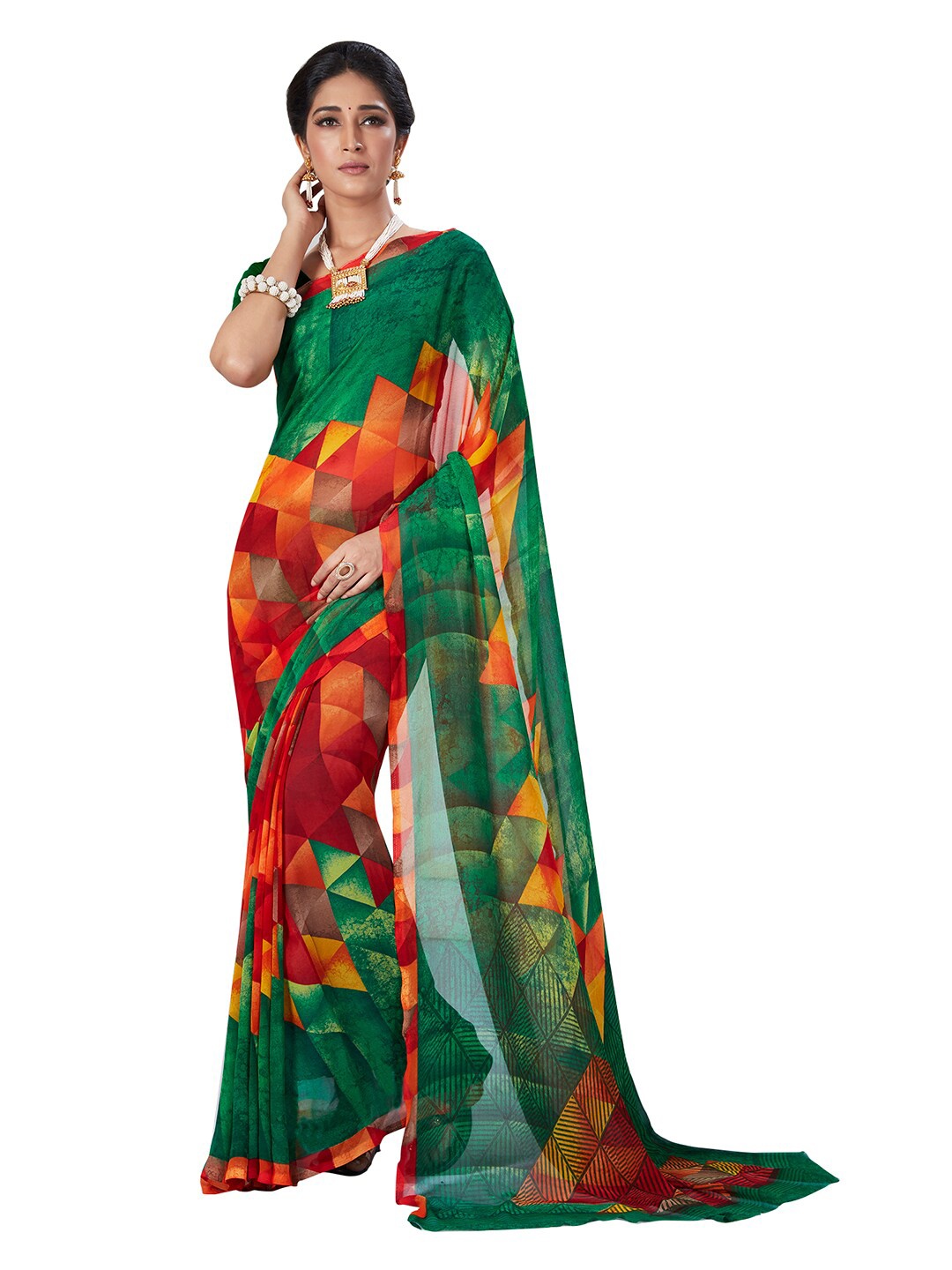 

Ishin Green & Red Geometric Printed Pure Georgette Saree