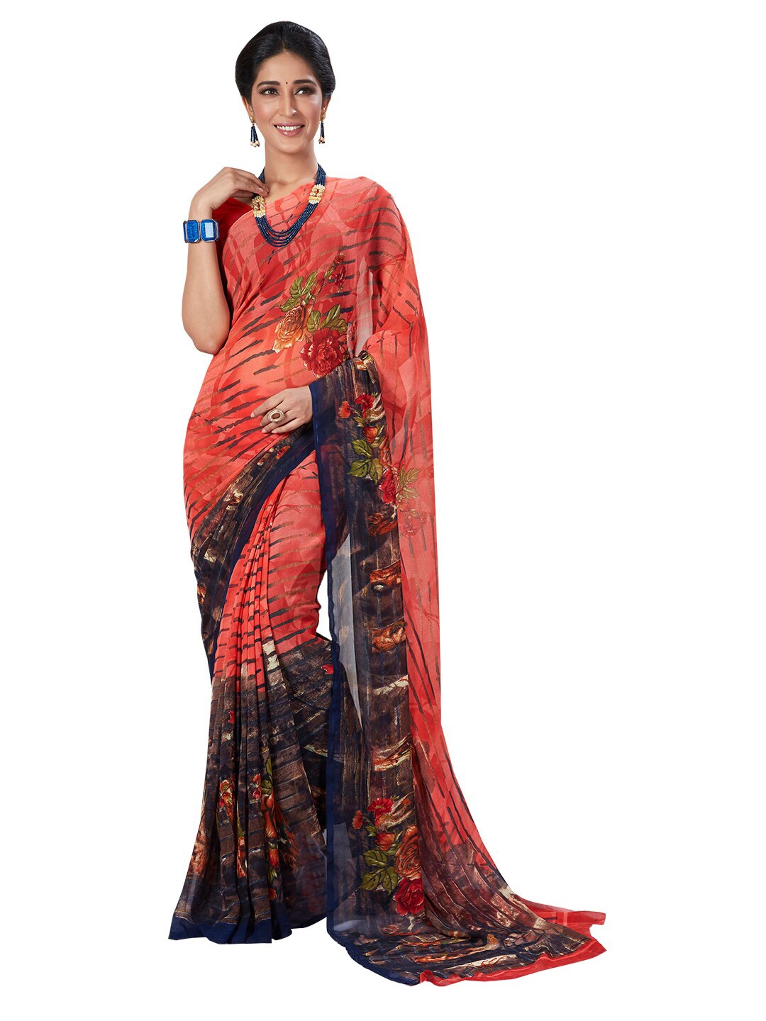 

Ishin Peach-Coloured & Navy Blue Floral Pure Georgette Saree
